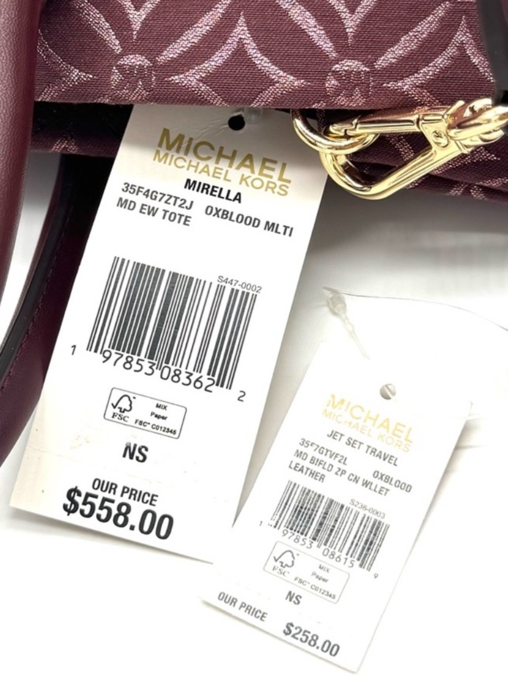 Michael Kors Medium Mirella Tote Bag & Matching Bifold Zip Chain Wallet Ox Blood - Picture 12 of 12